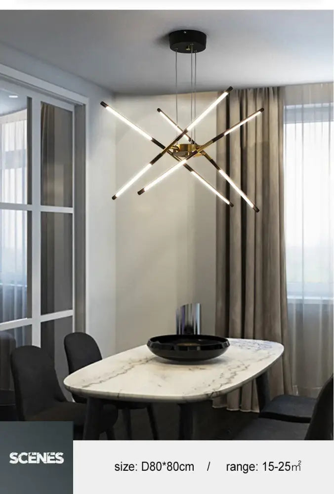 Gold Nordic LED Chandelier by Decorbites, intersecting LED rods, ceiling mount in dining room on Tampa Home & Garden Store
