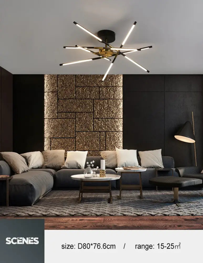 Gold Nordic LED Chandelier with brass starburst and illuminated linear bars over a living room on Tampa Home & Garden Store