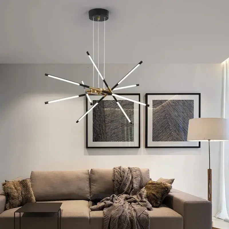 Gold Nordic LED Chandelier by Decorbites, starburst design with white LED rods on Tampa Home & Garden Store