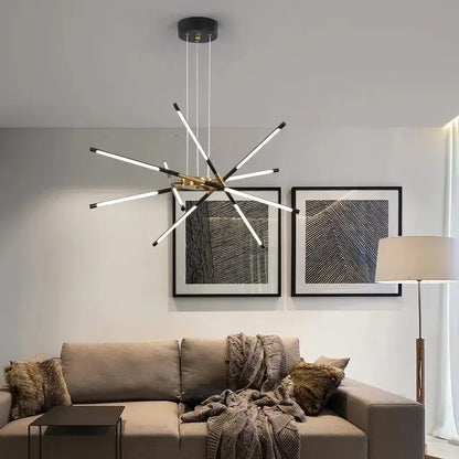 Gold Nordic LED Chandelier by Decorbites, starburst design with white LED rods on Tampa Home & Garden Store