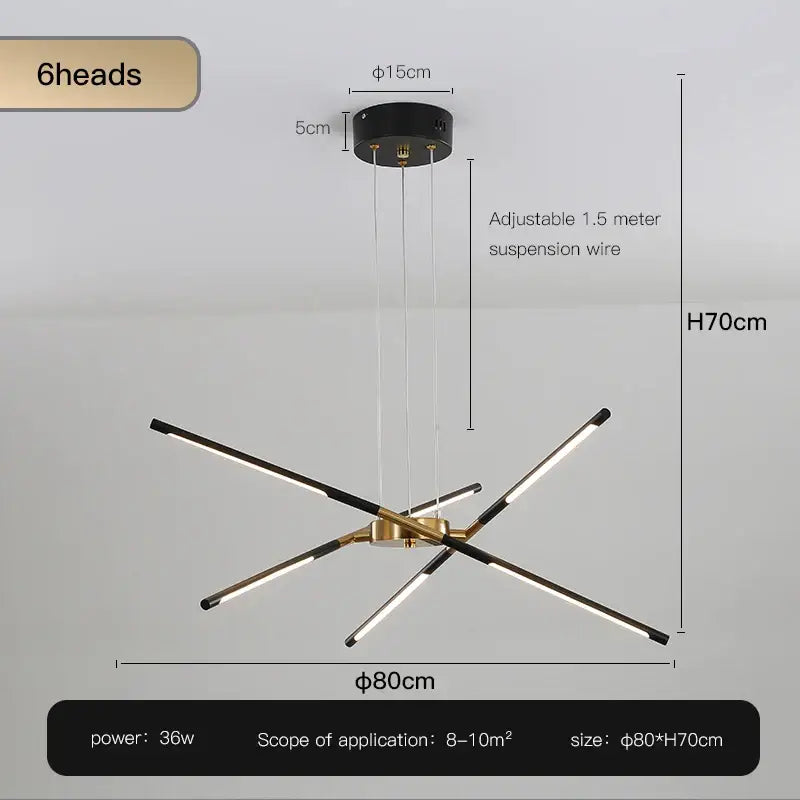 Gold Nordic LED Chandelier by Decorbites, 6-head pendant with LED bars, Ø80cm, H70cm on Tampa Home & Garden Store