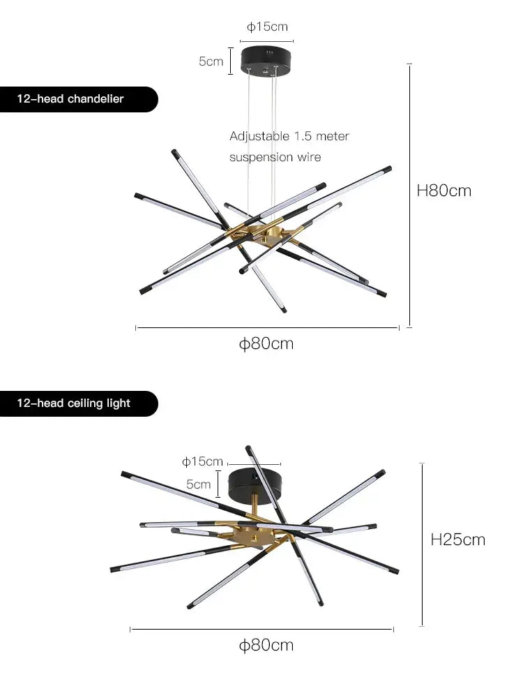 Gold Nordic LED Chandelier by Decorbites, 12-head starburst ceiling light with adjustable wires on Tampa Home & Garden Store
