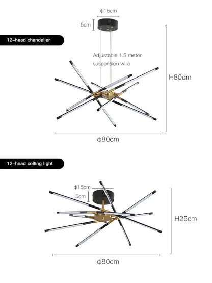 Gold Nordic LED Chandelier by Decorbites, 12-head starburst ceiling light with adjustable wires on Tampa Home & Garden Store