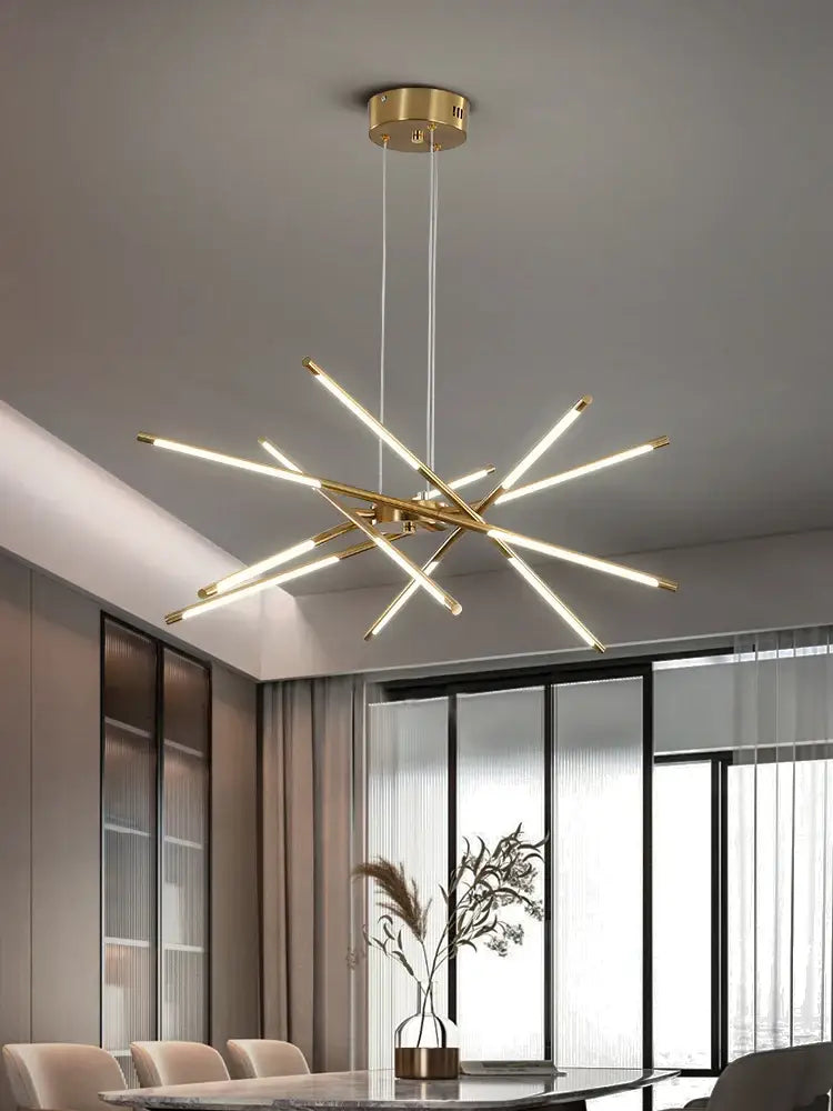 Gold Nordic LED Chandelier Decorbites starburst gold metal frame with LED tubes on Tampa Home & Garden Store