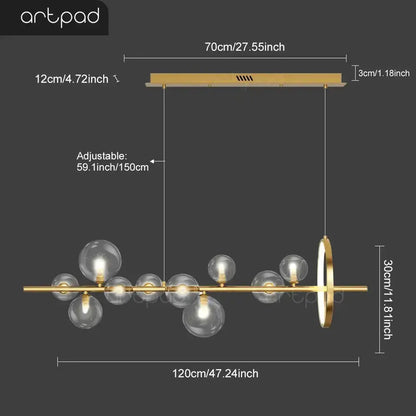 Decorbites linear chandelier gold finish with clear glass bubble bulbs on Tampa Home & Garden Store