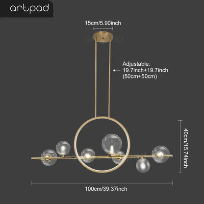 Chandelier Modern Nordic glass bubble LED dining room light with gold ring and clear bulbs, 100 cm wide on Tampa Home & Garden Store