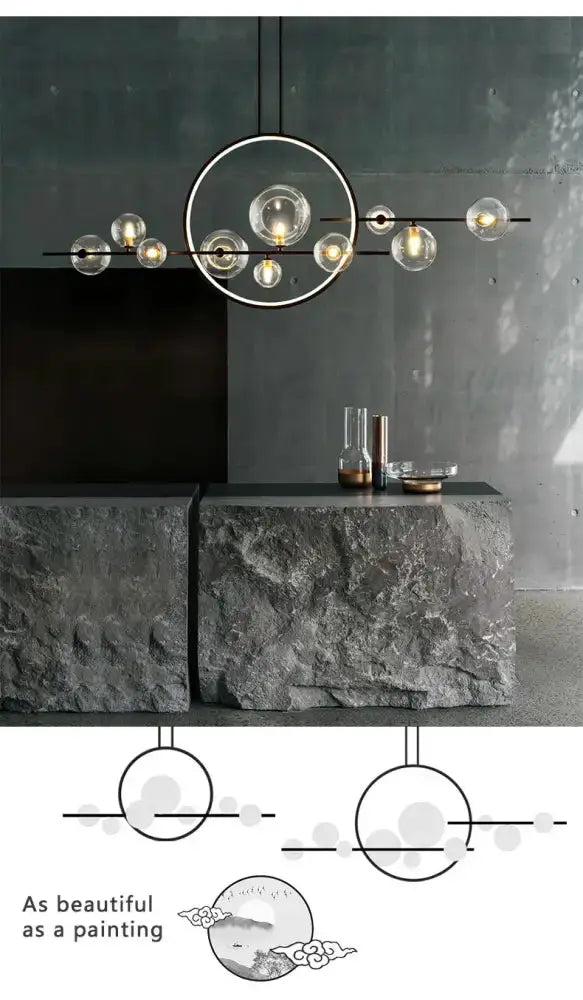 Chandelier Decorbites modern black glass bubble LED with circular ring and globe bulbs on Tampa Home & Garden Store