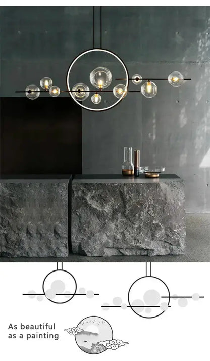 Chandelier Decorbites modern black glass bubble LED with circular ring and globe bulbs on Tampa Home & Garden Store