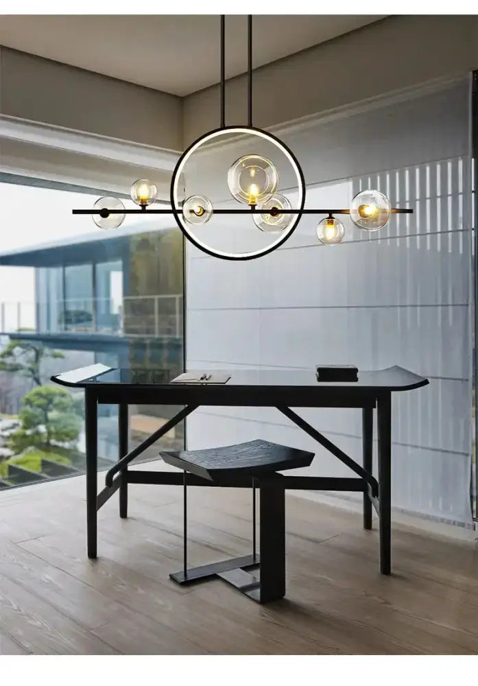 Chandelier: modern black Nordic glass bubble LED fixture with circular ring and glass bulbs on Tampa Home & Garden Store