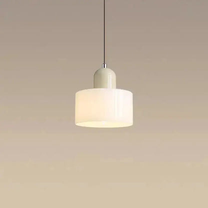 Orange & olive glass pendant light with white drum shade by Decorbites on Tampa Home & Garden Store