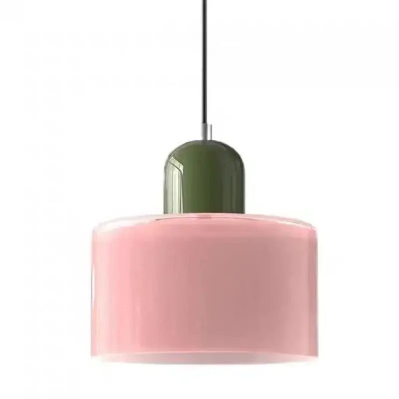 Pink glass pendant light with olive green canopy on Tampa Home & Garden Store