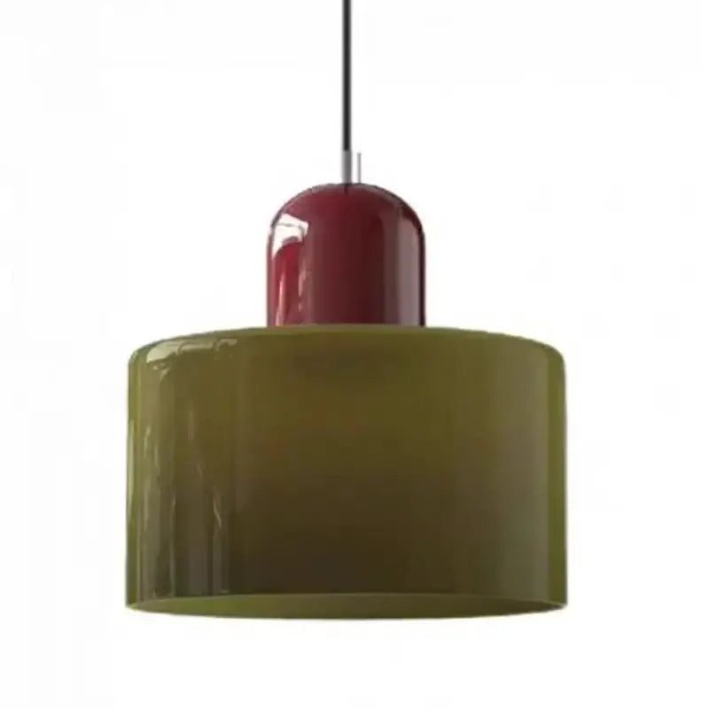 Decorbites orange and olive glass pendant light with olive drum shade and red cap for bedroom on Tampa Home & Garden Store