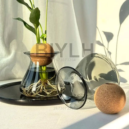 Blue Nordic Glass Vase by Decorbites with plant stem, visible roots, cork stopper, glass domes on Tampa Home & Garden Store
