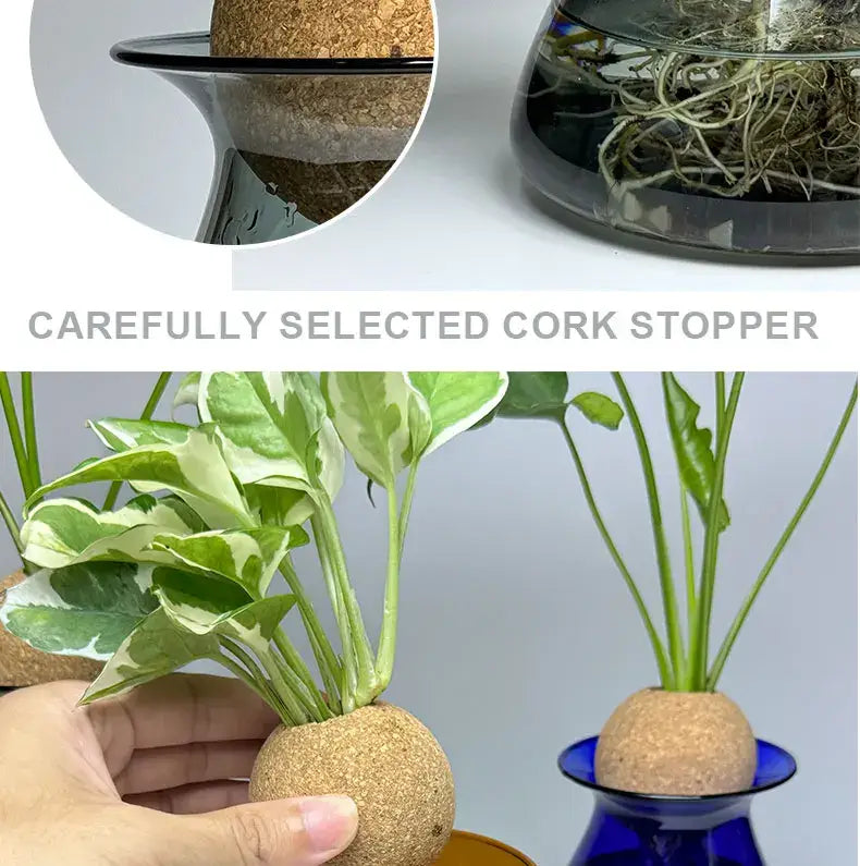 Blue Nordic Glass Vase by Decorbites with cork stopper and cork-ball planter with green leaves on Tampa Home & Garden Store