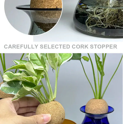 Blue Nordic Glass Vase by Decorbites with cork stopper and cork-ball planter with green leaves on Tampa Home & Garden Store