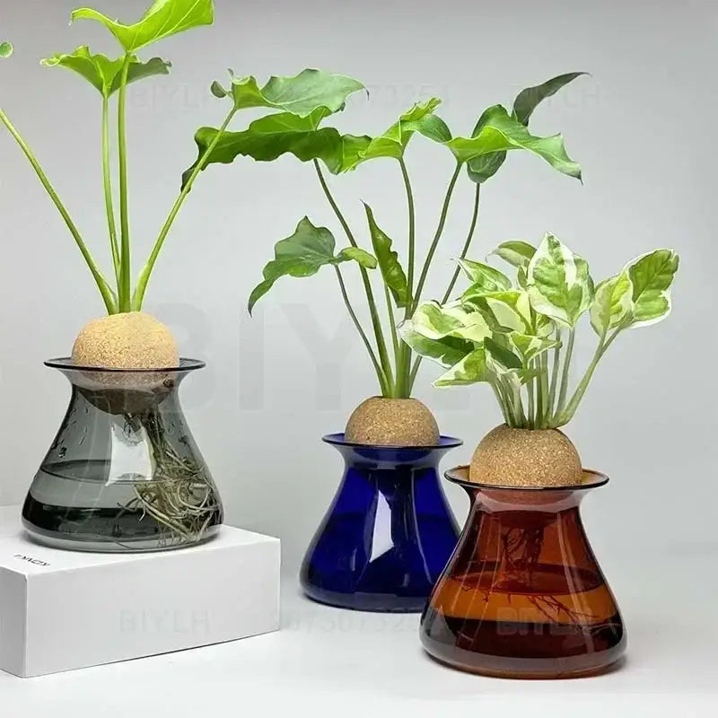 Nordic Glass Vase trio in smoky gray, cobalt blue, and amber with cork toppers by Decorbites on Tampa Home & Garden Store