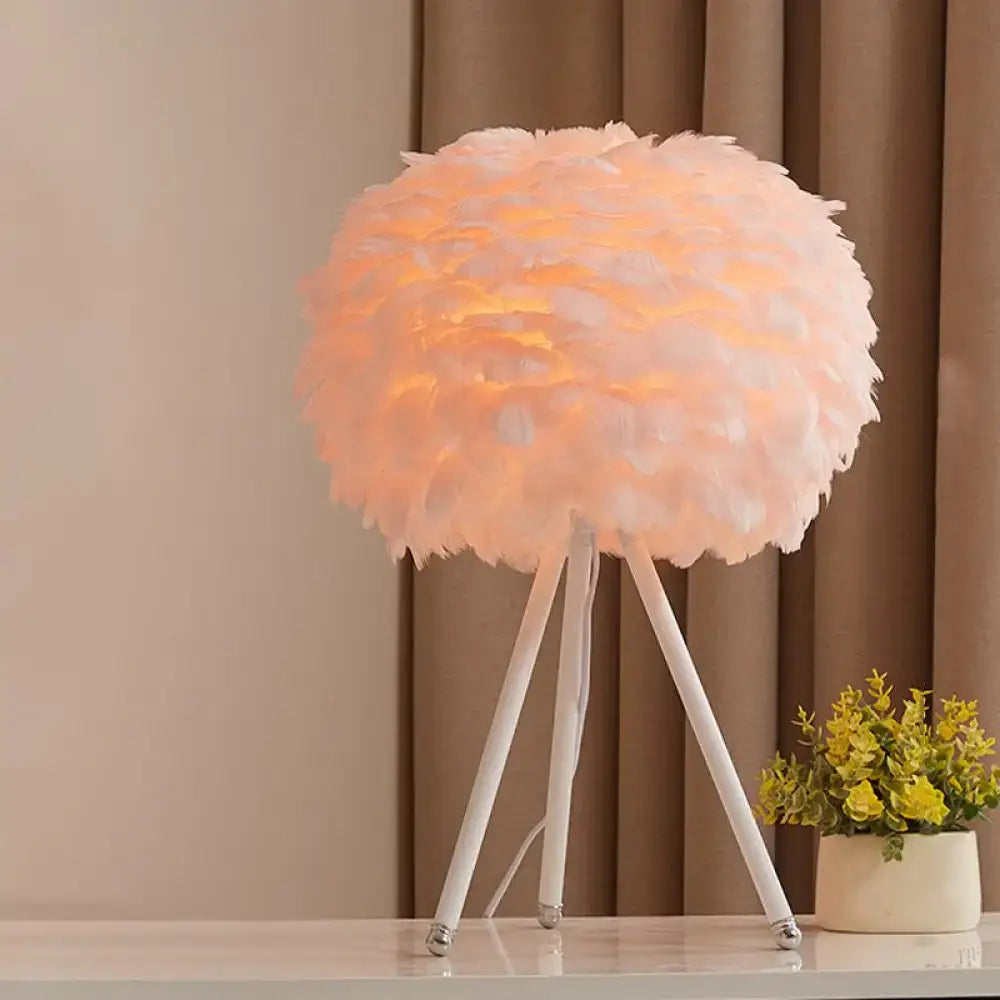 Feather Tripod Table Lamp pink feather shade on white tripod base Decorbites on Tampa Home & Garden Store