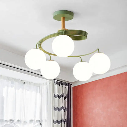 Green Grey Orb Chandelier with white glass globes and green spiral arms by Decorbites on Tampa Home & Garden Store