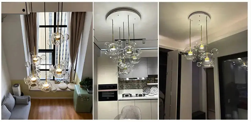Modern 7-globe glass LED chandelier by Decorbites with clear glass orbs on Tampa Home & Garden Store