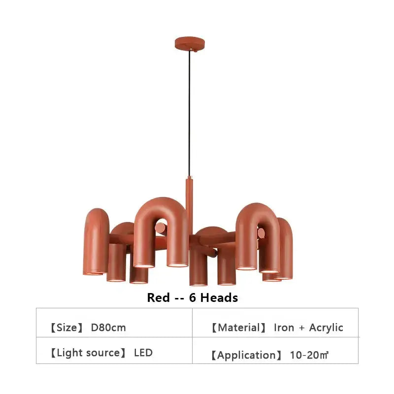 Chandelier Decorbites red iron and acrylic LED 6-head ceiling pendant on Tampa Home & Garden Store