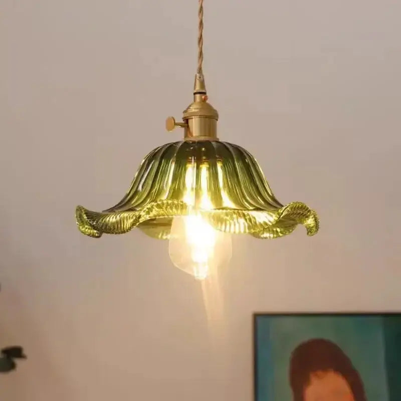 Floral Green Glass LED Pendant Light Kitchen