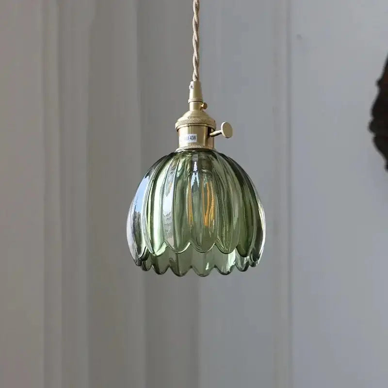 Floral Green Glass LED Pendant Light Kitchen