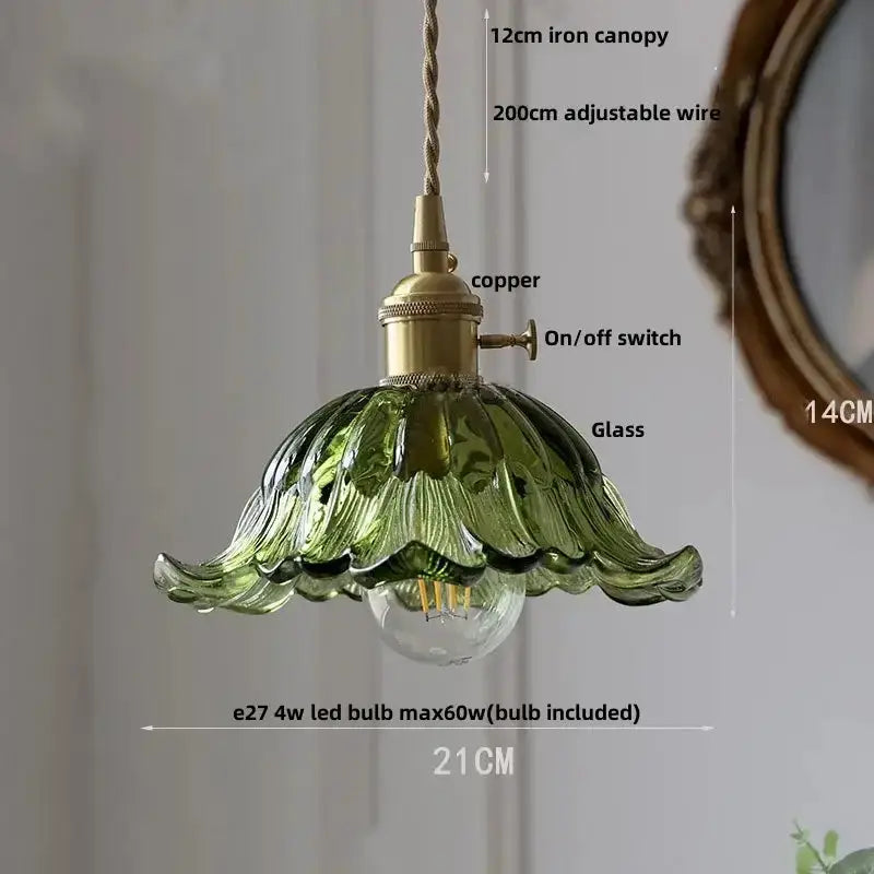 Floral Green Glass LED Pendant Light Kitchen
