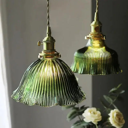 Floral Green Glass LED Pendant Light Kitchen