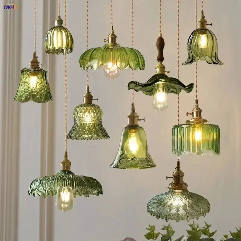 Floral Green Glass LED Pendant Light Kitchen