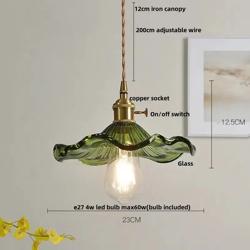Floral Green Glass LED Pendant Light Kitchen