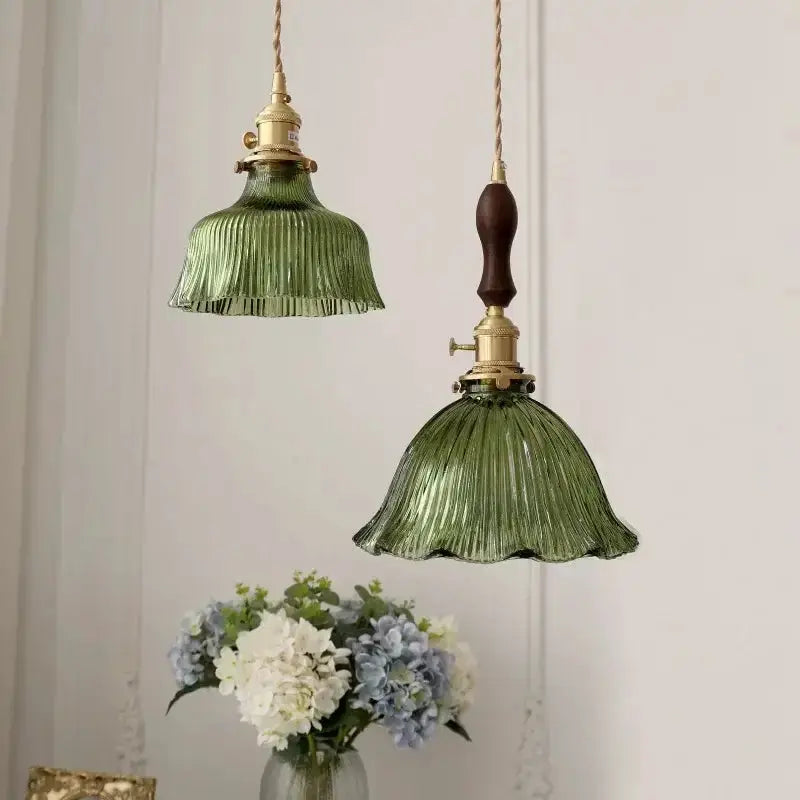 Floral Green Glass LED Pendant Light Kitchen