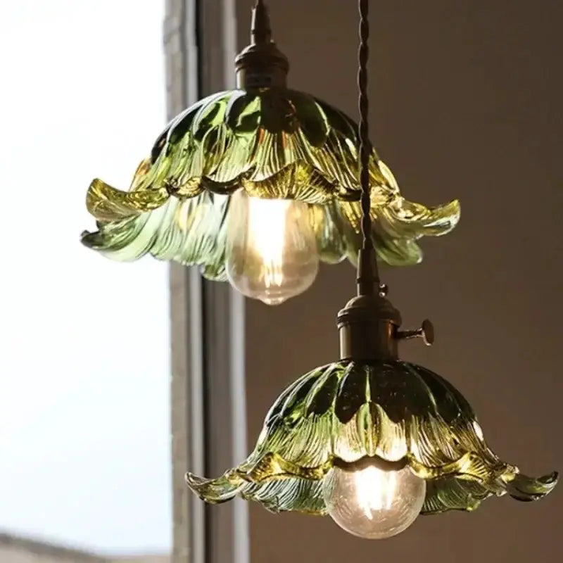 Floral Green Glass LED Pendant Light Kitchen
