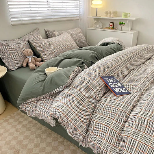 Nordic plaid green cotton duvet cover set with matching plaid pillow shams by Decorbites on Tampa Home & Garden Store