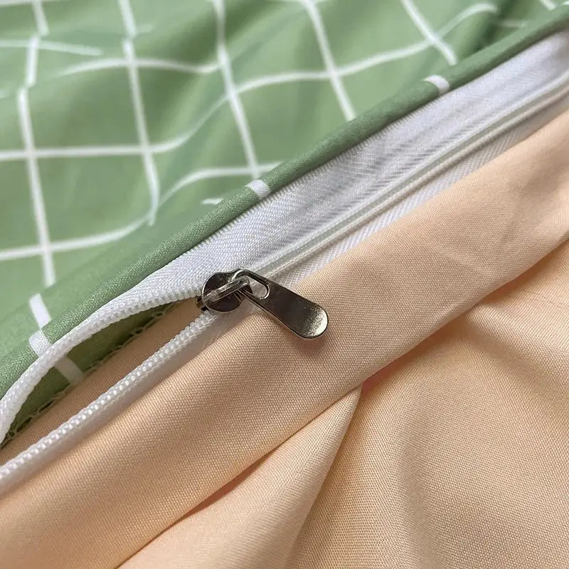 Decorbites Nordic plaid green cotton duvet cover with metal zipper on green check bedding on Tampa Home & Garden Store