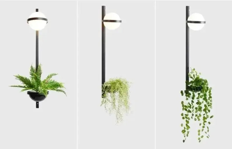 Modern black Nordic planter light sconce with glass globes by Decorbites, three variants on Tampa Home & Garden Store