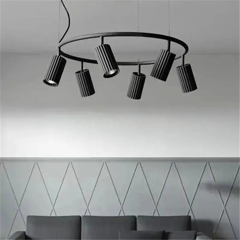 Chandelier circular ring with six black cylindrical spotlights for dining room decor on Tampa Home & Garden Store