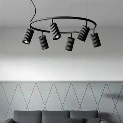 Chandelier circular ring with six black cylindrical spotlights for dining room decor on Tampa Home & Garden Store