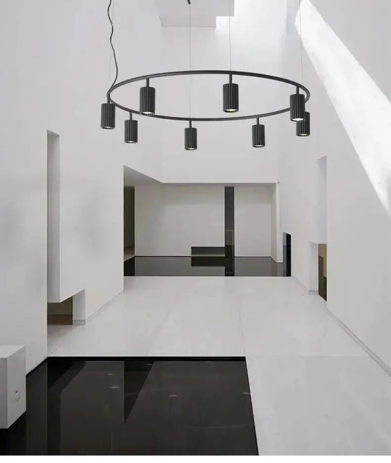 Chandelier Donna circle modern black metal ring with cylindrical pendant lights by Decorbites on Tampa Home & Garden Store
