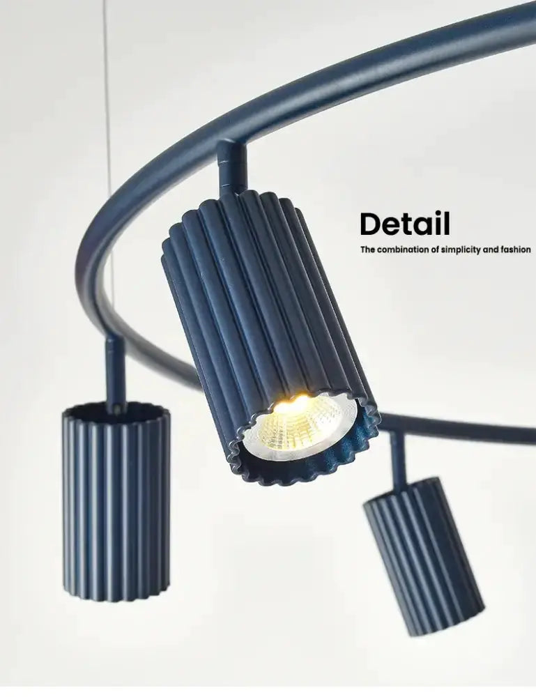 Chandelier Decorbites donna circle with navy blue ribbed cylinder shades on circular frame on Tampa Home & Garden Store