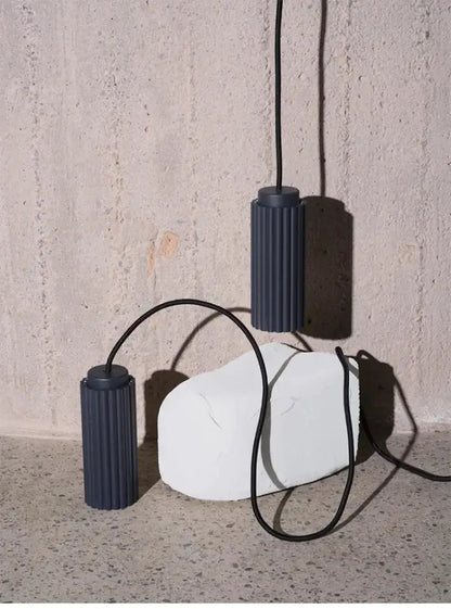 Chandelier with two dark blue ribbed pendant lights on cords for dining room Decorbites on Tampa Home & Garden Store