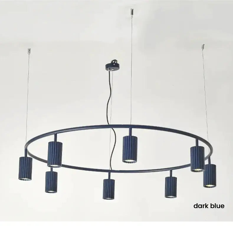 Decorbites Donna circle chandelier in dark blue ribbed shades on circular frame on Tampa Home & Garden Store