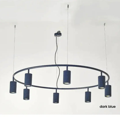 Decorbites Donna circle chandelier in dark blue ribbed shades on circular frame on Tampa Home & Garden Store