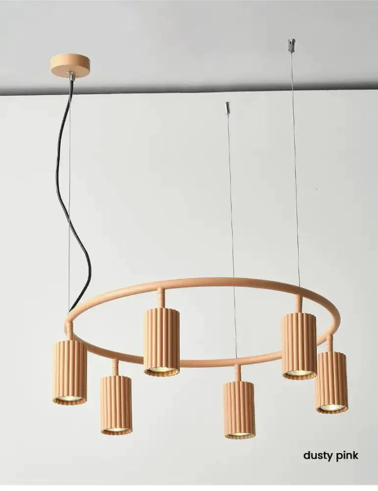 Donna circle chandelier by Decorbites in dusty pink natural wood with 6 cylindrical shades on Tampa Home & Garden Store