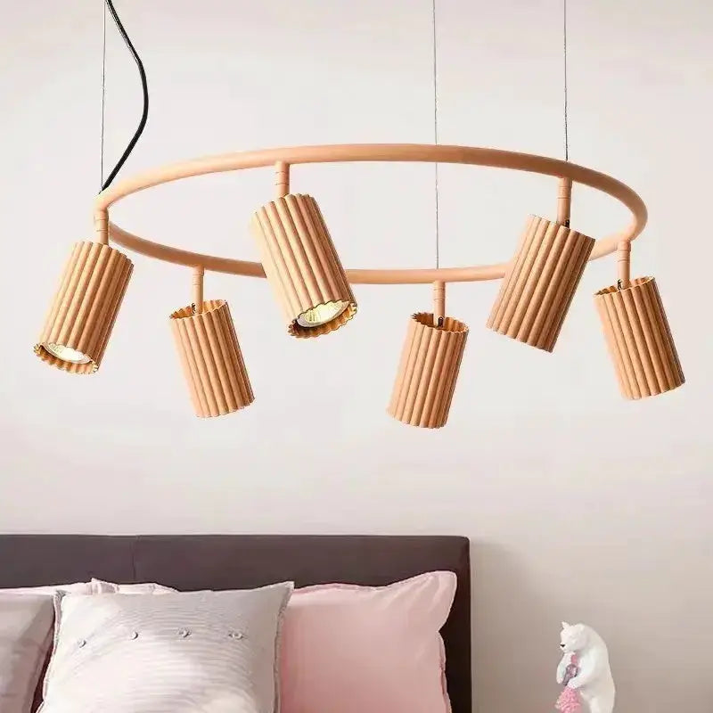 Chandelier Decorbites natural wood Donna circle with ribbed cylindrical shades for dining room on Tampa Home & Garden Store