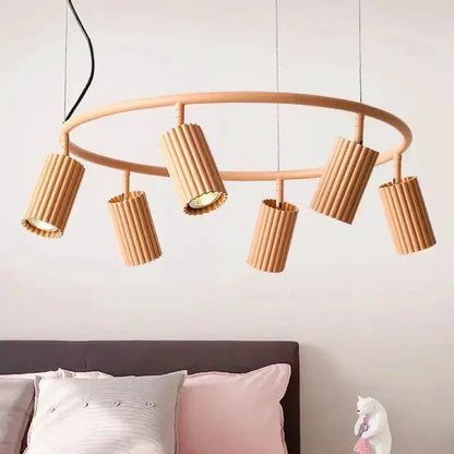 Chandelier Decorbites natural wood Donna circle with ribbed cylindrical shades for dining room on Tampa Home & Garden Store