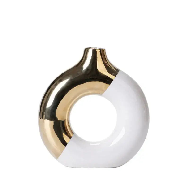 Black Gold Circle Vase by Decorbites, donut-shaped ceramic with metallic gold and white finish on Tampa Home & Garden Store