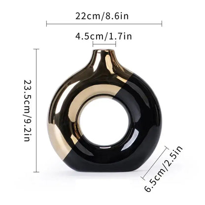 Black Gold Circle Vase by Decorbites, donut-shaped glass vase with black/gold glaze, 22 cm wide on Tampa Home & Garden Store