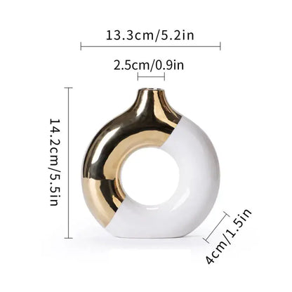 Decorbites Black Gold Circle Vase ceramic donut with black-gold metallic and white finish on Tampa Home & Garden Store