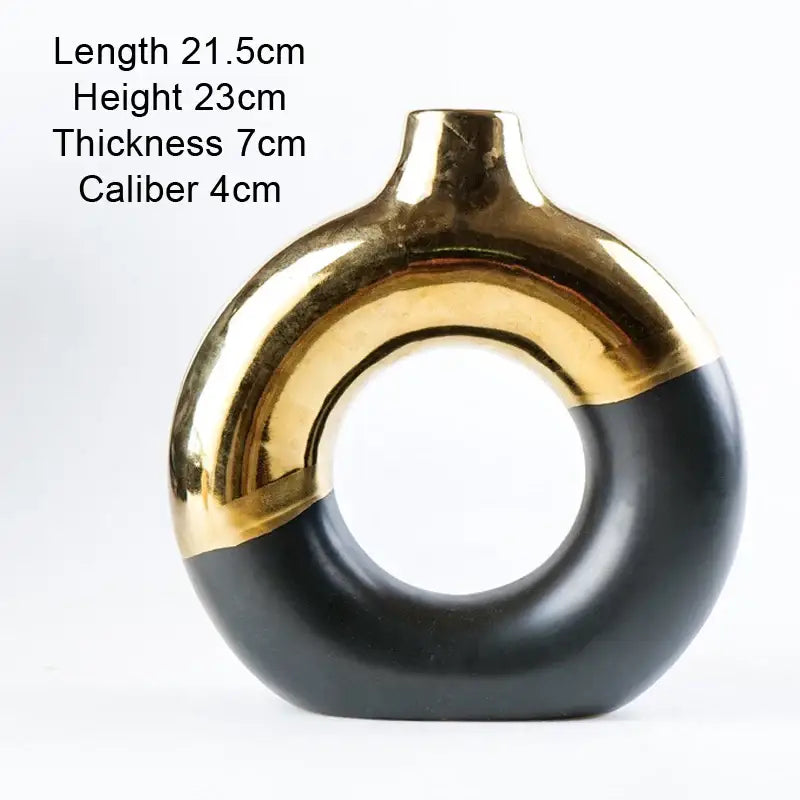 Black Gold Circle Vase by Decorbites donut ceramic with gold arc and black body on Tampa Home & Garden Store