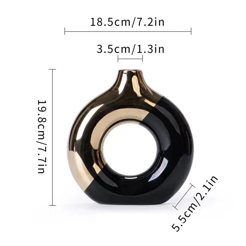 Black Gold Circle Vase by Decorbites, glossy ceramic ring vase with hollow center on Tampa Home & Garden Store